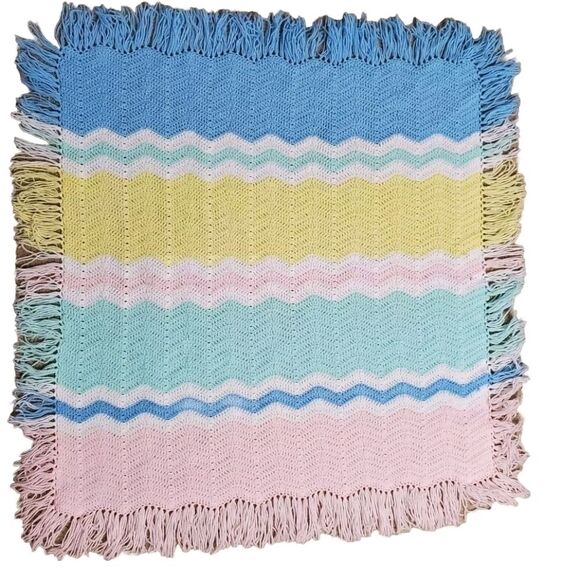 Handmade Crochet Chevron Ripple Baby Blanket Lap Afghan Multicolor With Fringe - Picture 1 of 7